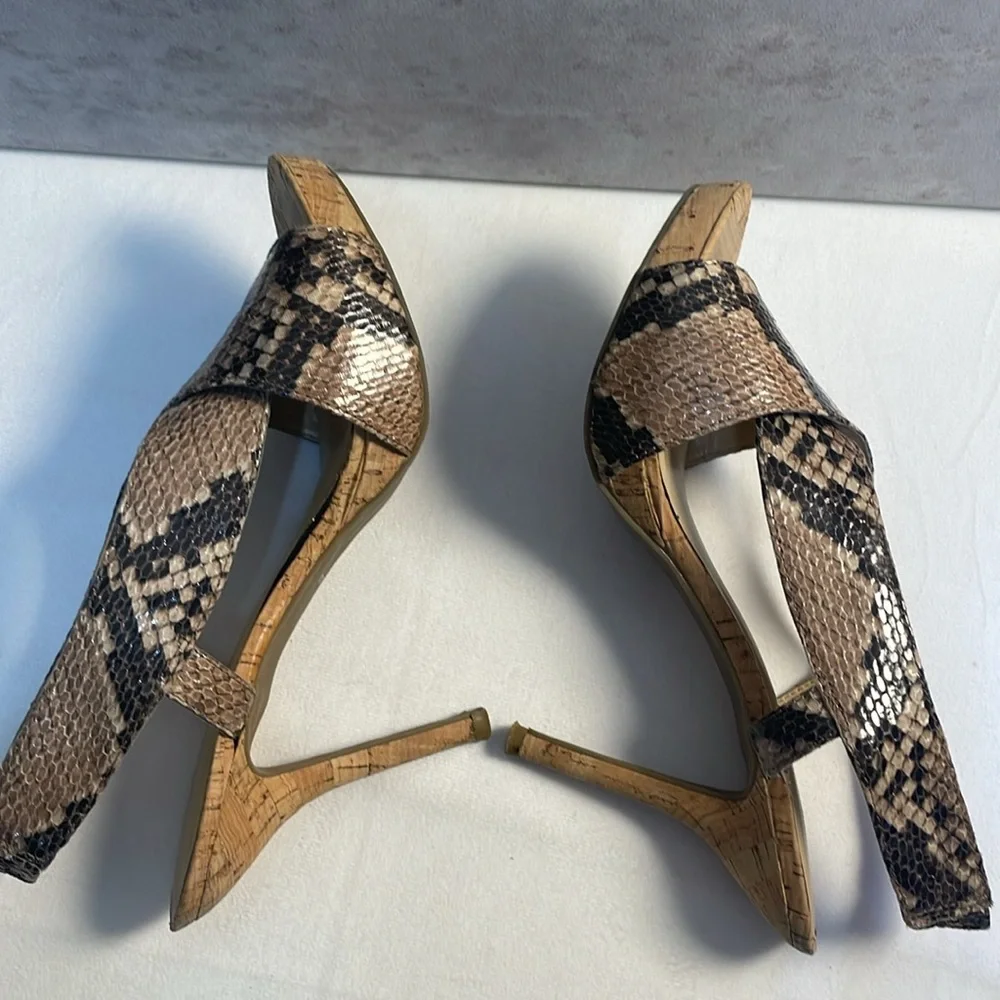 NINE WEST Snakeskin Cork Bottom 4” Heels Crossover Straps Sandals Classic 8.5M‎